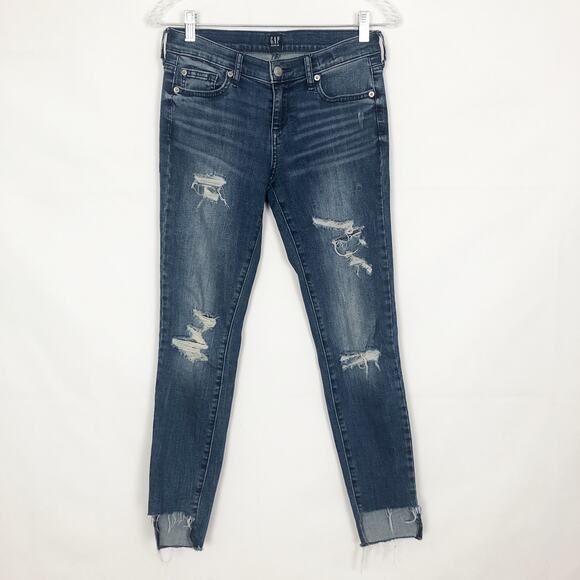 Gap Mid-Rise Distressed Dark Wash Jeans Size 26 - Picture 1 of 11